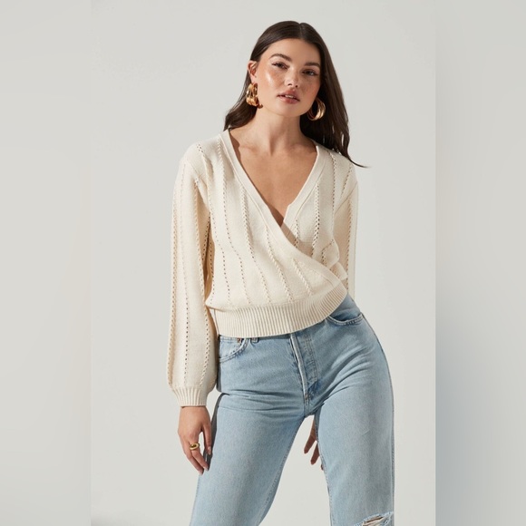 Astr Sweaters - ASTR The Label Wrap Front V-Neck Pointelle Sweater in Cream | M
